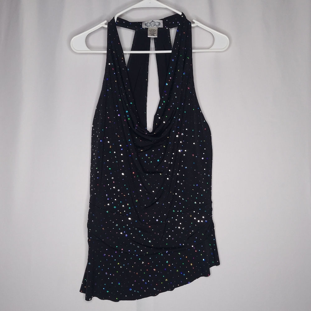 Trixxi Top Women Large Black Sequin Cowl Racerback Halter‎ Going-Out Party 00s